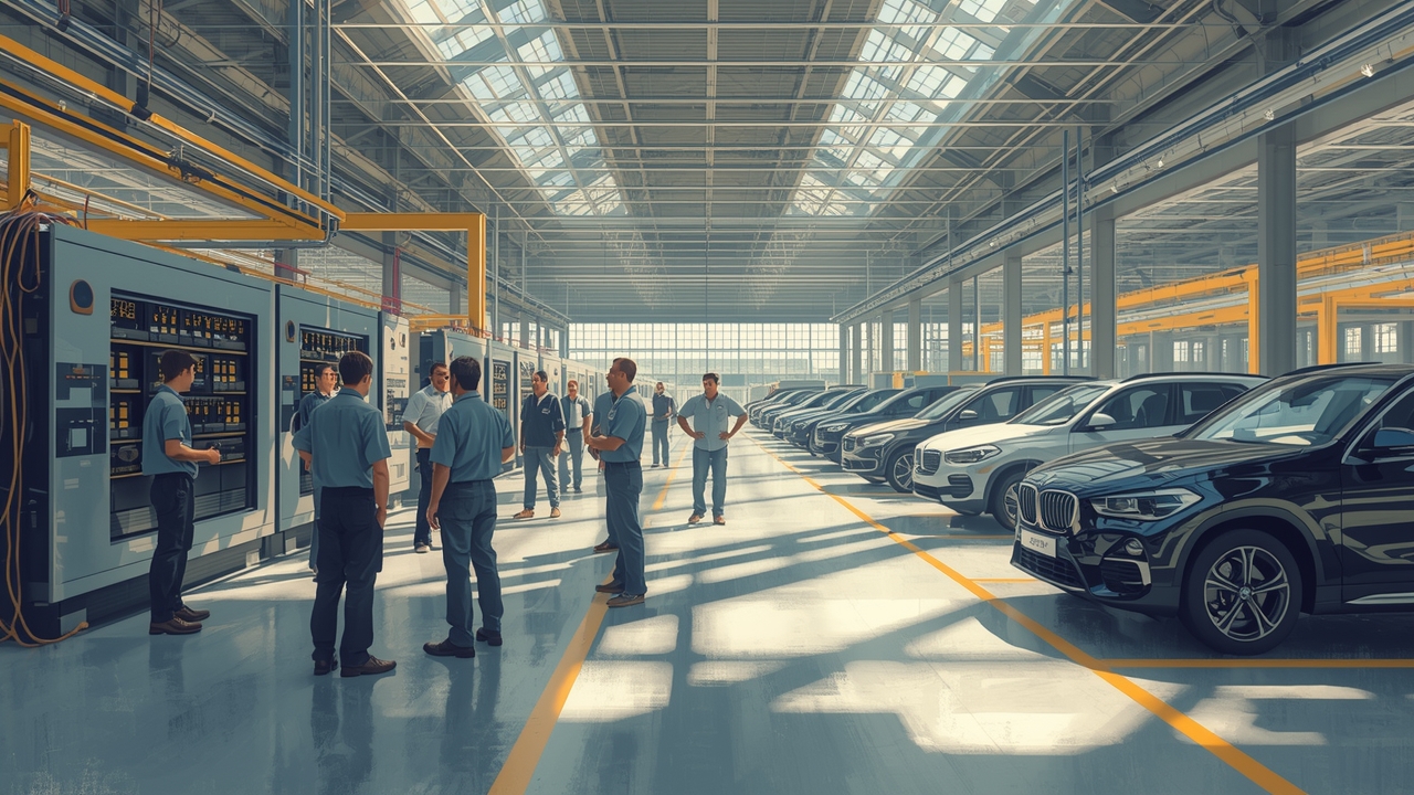 Workers inspect new automation systems at BMW plant