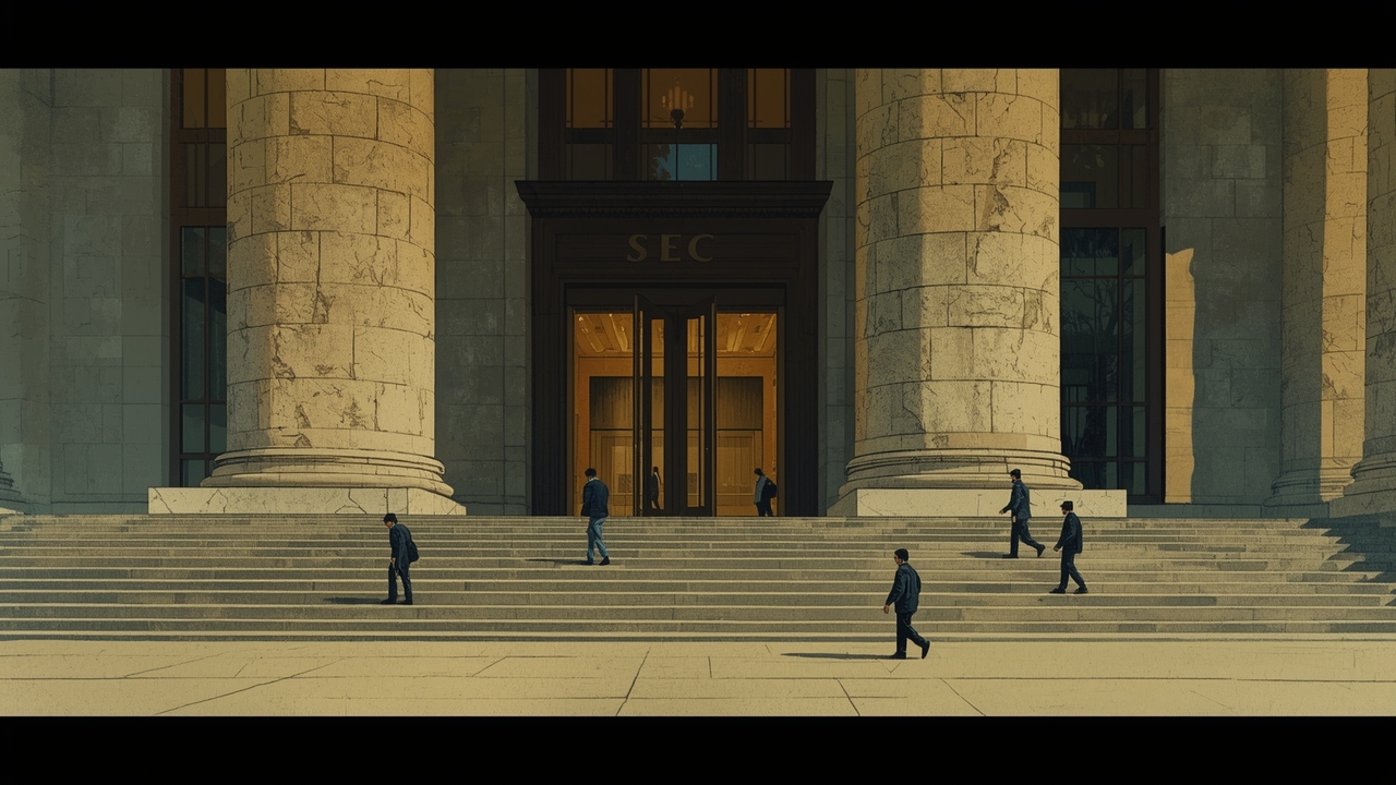 SEC headquarters bustling with filings on a cloudy day