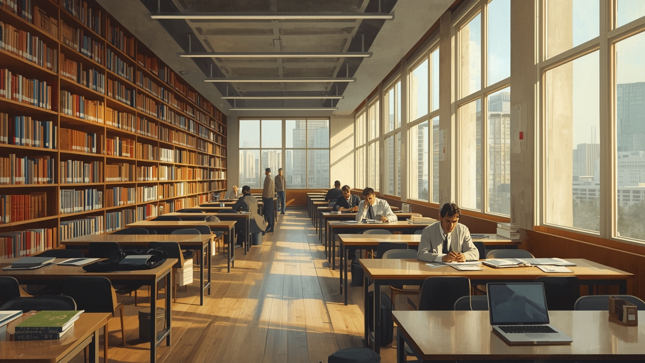 Investors study market trends in a library